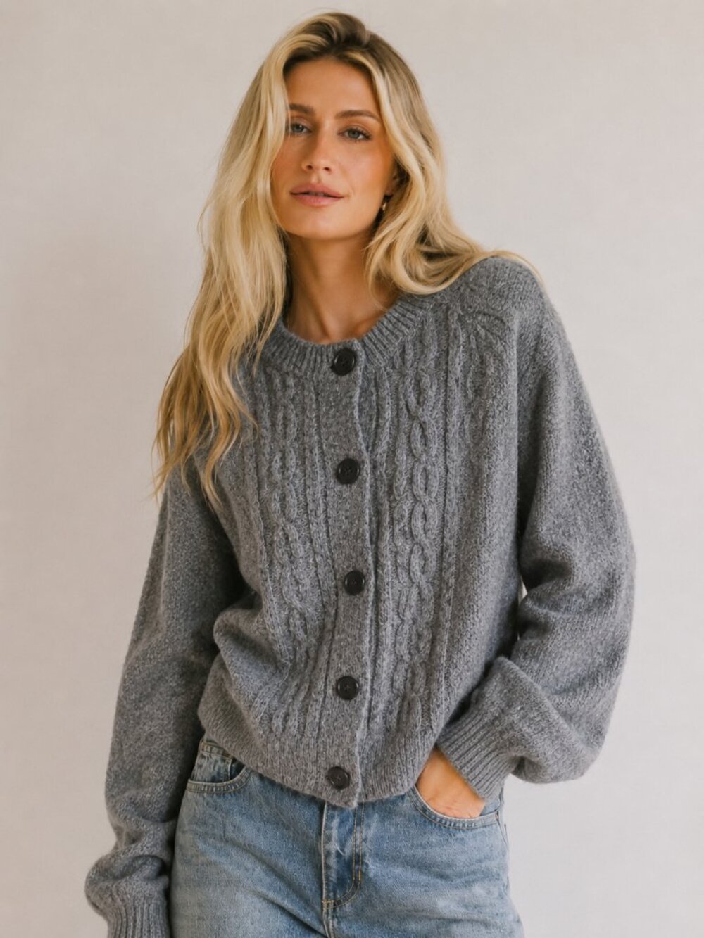 Chaps Gray Cable Knit Cardigan Sweater